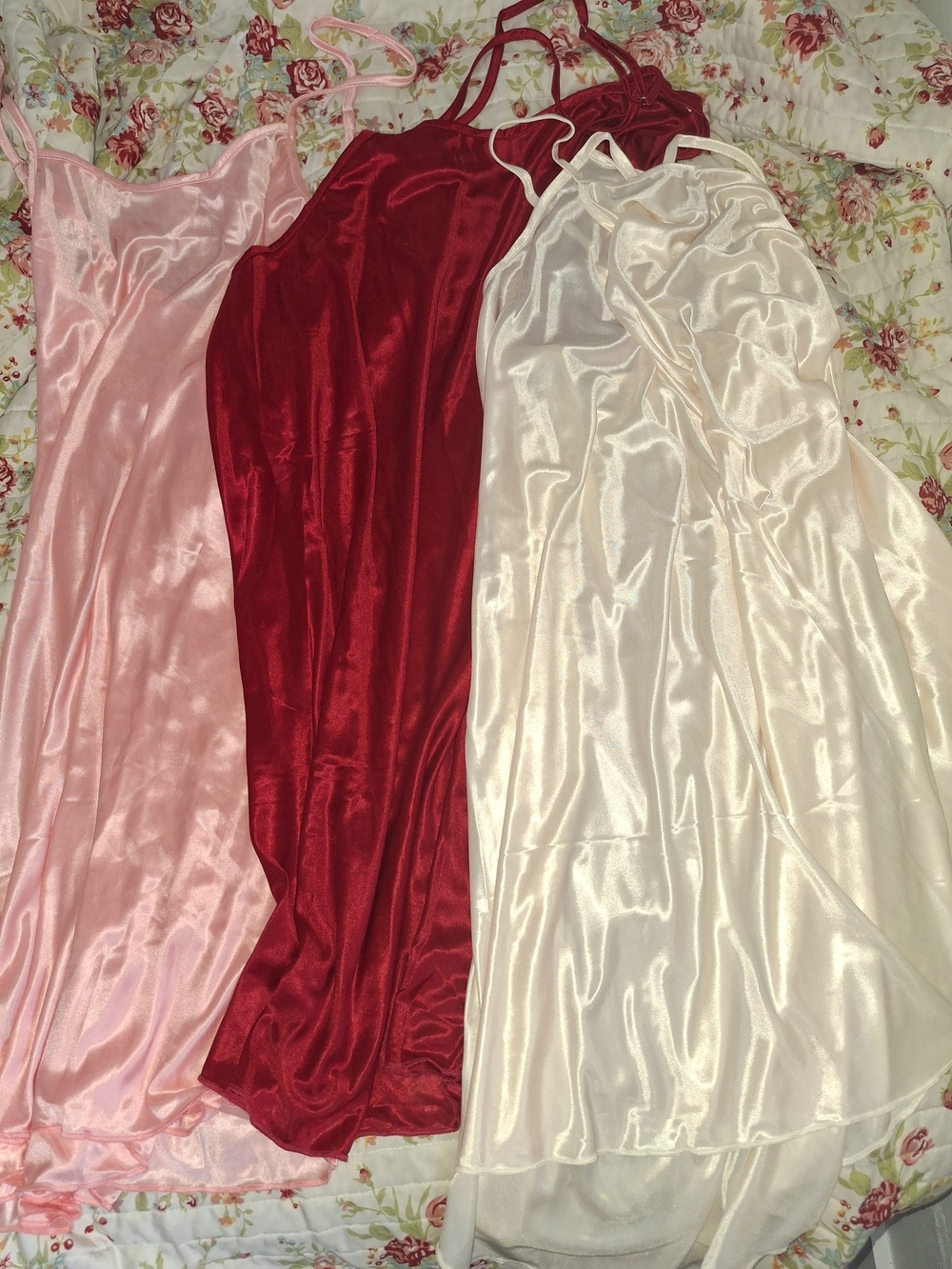 Silky Satin Slip Dress - Pink, Red, Cream